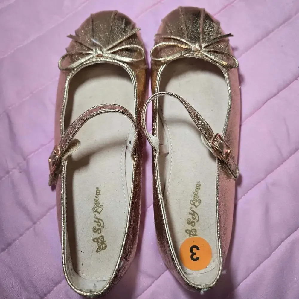 Self Esteem Girls Metallic Rose Gold Bow Mary Jane Ballet Flats Size 3